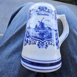 Heineken Blue and White Ceramic Beer Stein Hand Painted